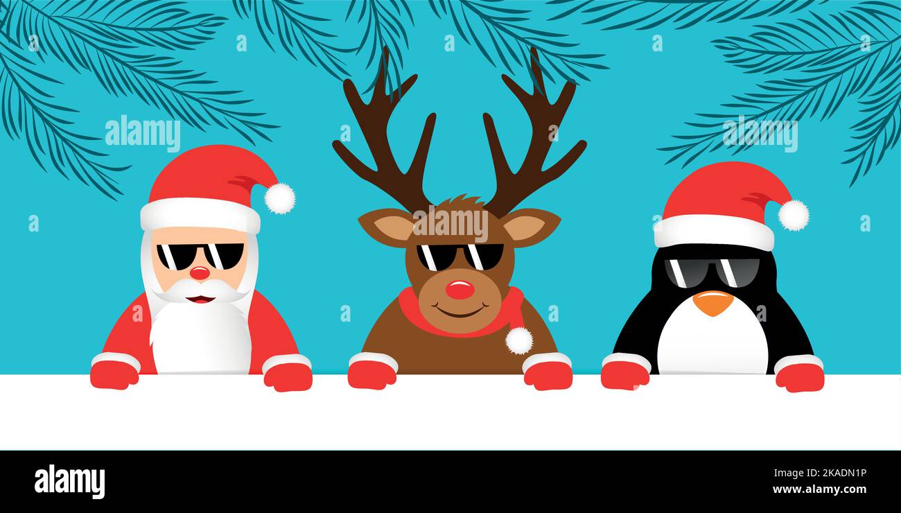 Niedliche Rentiere weihnachtsmann und Pinguin mit Sonnenbrille weihnachtszeichentrickfilm Stock Vektor