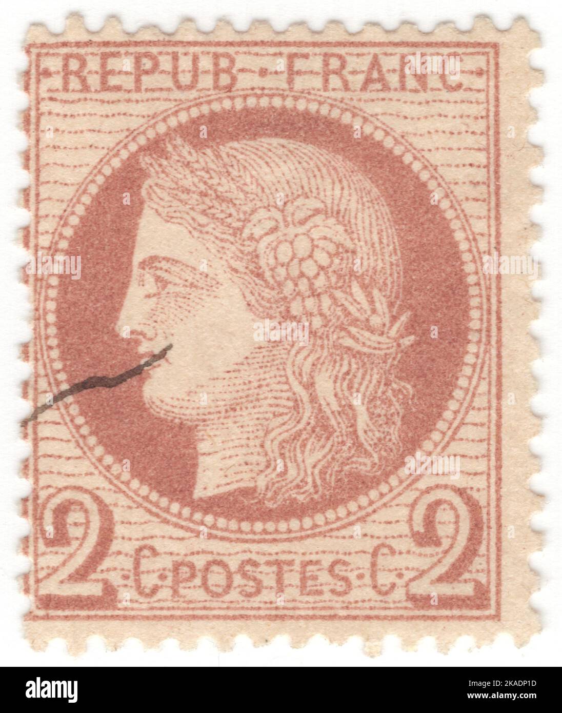 FRANKREICH - 1870: Eine 2 Rappen rotbraun auf gelblicher Briefmarke, die Ceres darstellt - Göttin der Landwirtschaft, Fruchtbarkeit, Getreide, Ernte, Mutterschaft, Die Erde, und kultivierten Kulturen Stockfoto
