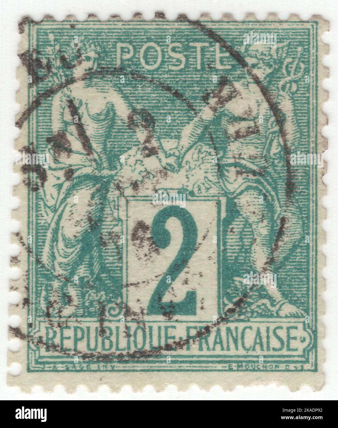 FRANKREICH - 1876: Ein 2 Centimes-Grün auf grünlicher Briefmarke mit Allegorie "Type Sage" (auch als "Frieden und Handel" bezeichnet), entworfen von Jules Auguste Sage Stockfoto