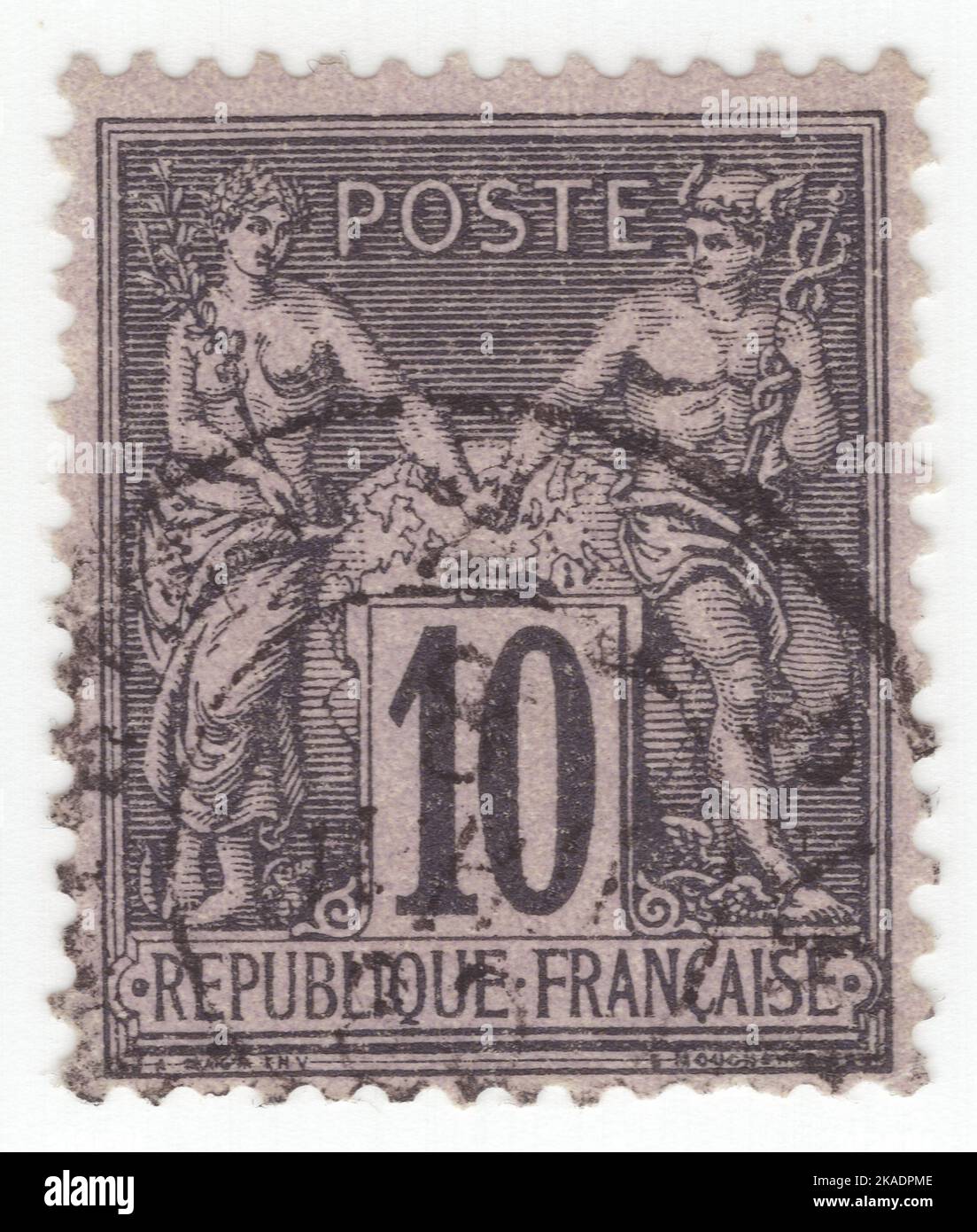 FRANKREICH - 1877: Eine 10 Rappen schwarze Briefmarke auf Lavendel, die Allegorie 'Type Sage' (auch als 'Frieden und Handel' bezeichnet) zeigt, entworfen von Jules Auguste Sage Stockfoto