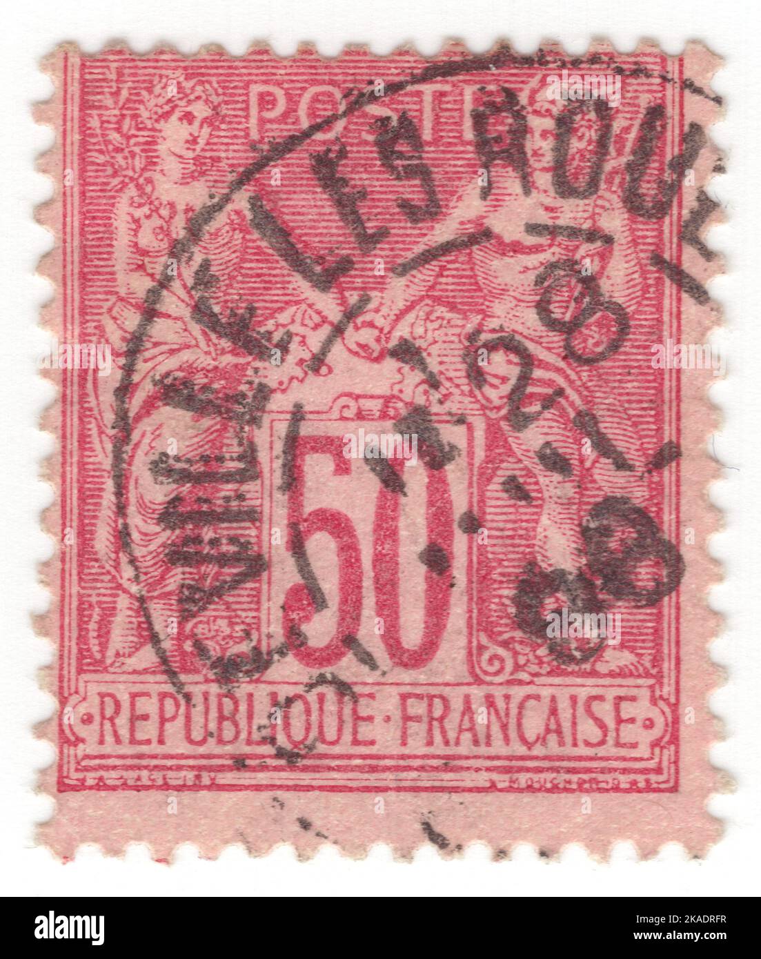 FRANKREICH - 1890: Ein 50-Cent-Carmine auf einer rosigen Briefmarke mit der Allegorie "Type Sage" (auch als "Frieden und Handel" bezeichnet), entworfen von Jules Auguste Sage Stockfoto