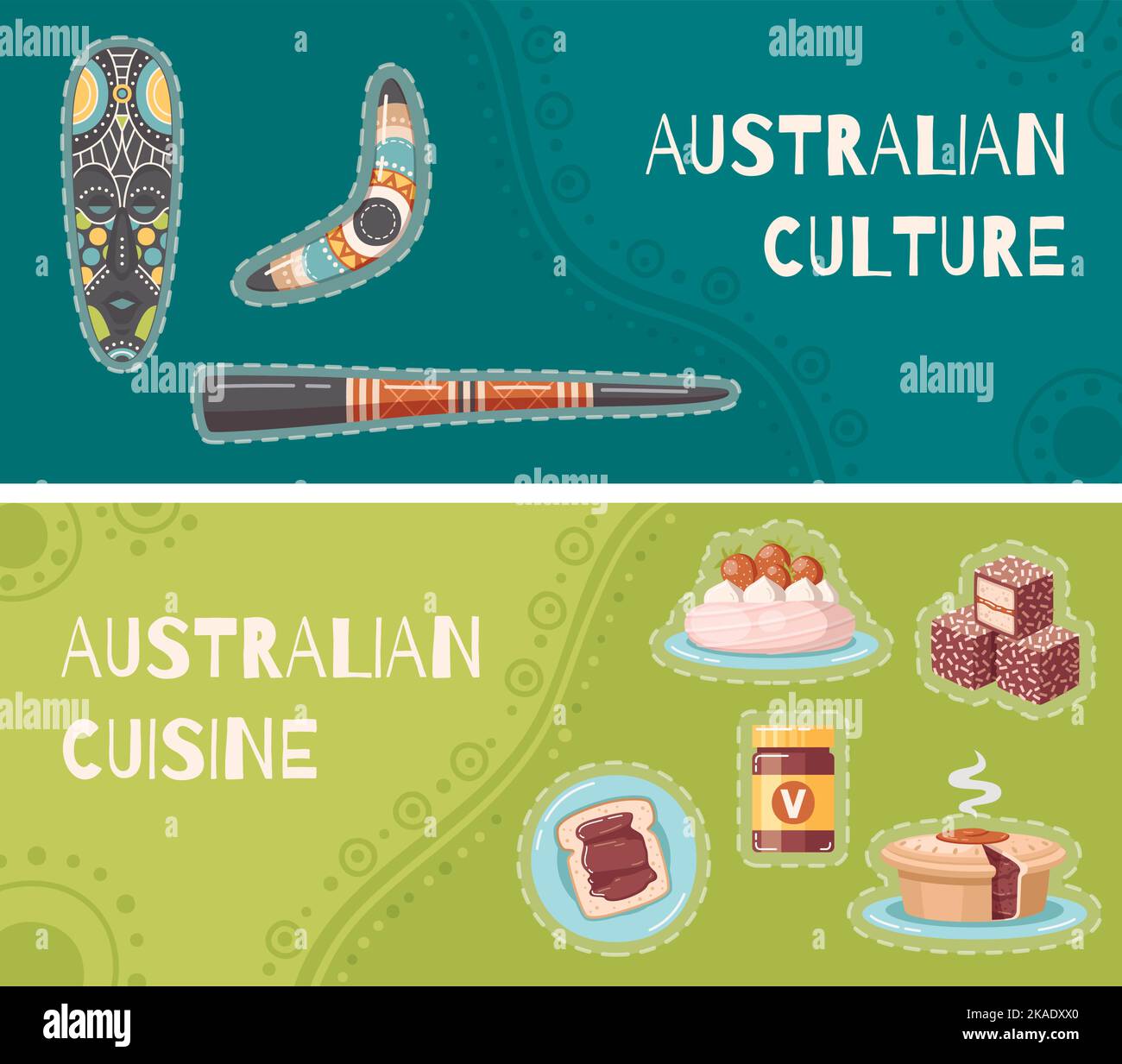 Australische Kultur und Küche zwei Banner mit Zubehör für Ureinwohner und Cartoon-Vektorgrafik für nationale Gerichte Stock Vektor