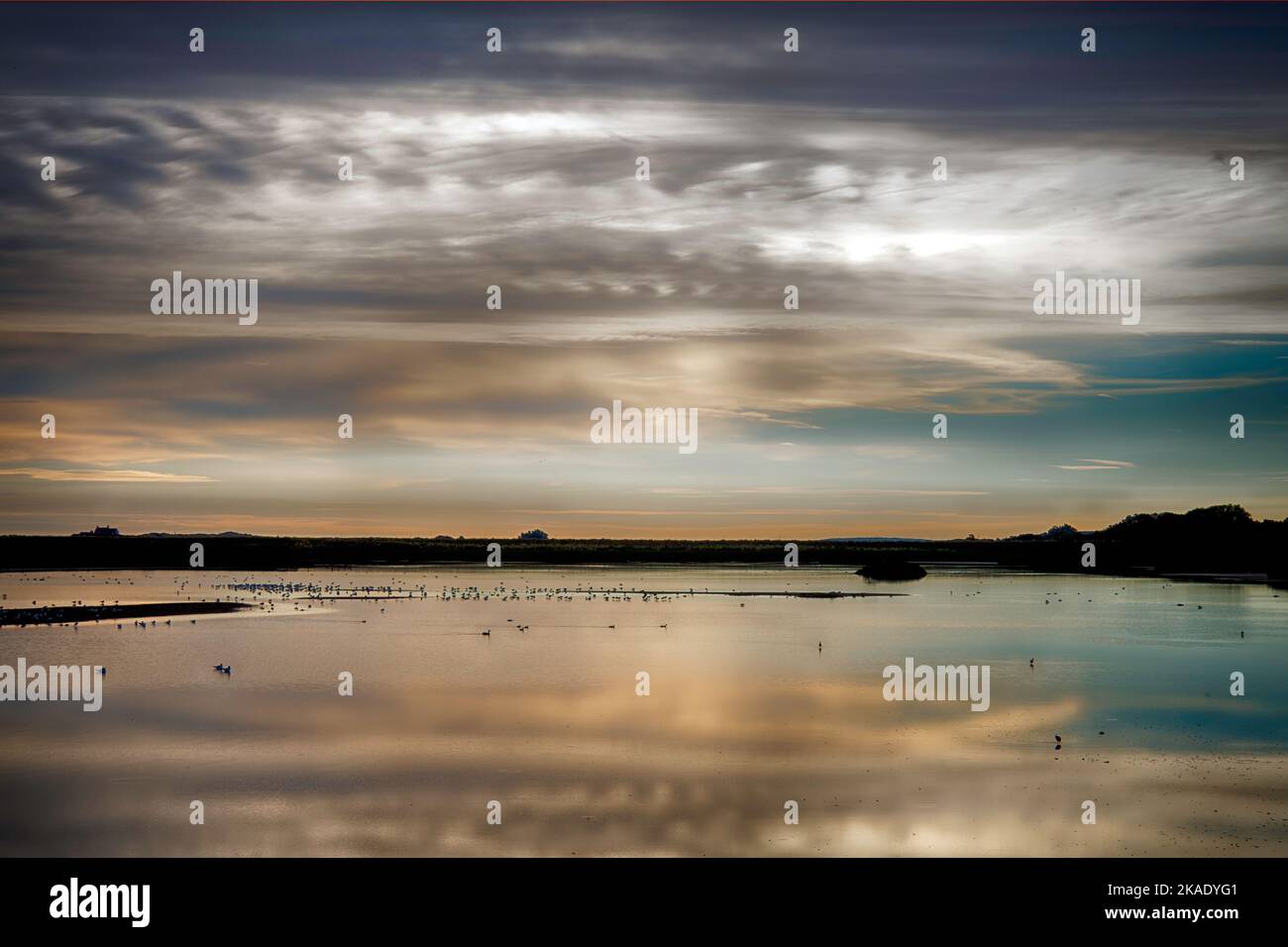 Ein ruhiger, friedlicher Sonnenaufgang über dem Titchwell Marsh, Norfolk. Stockfoto