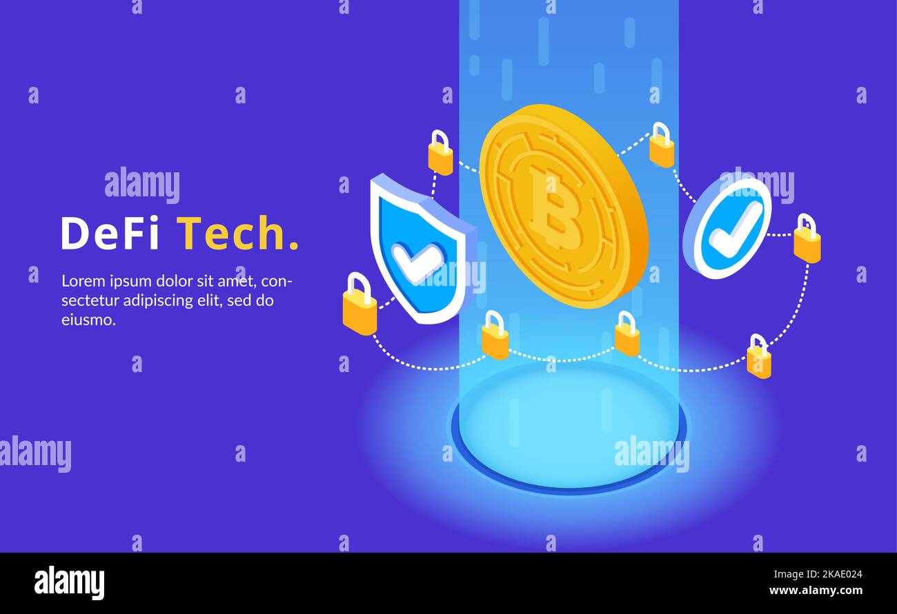 Web 3,0 Technologie isometrisches Konzept mit dezentralen Finanzsymbolen Vektordarstellung Stock Vektor