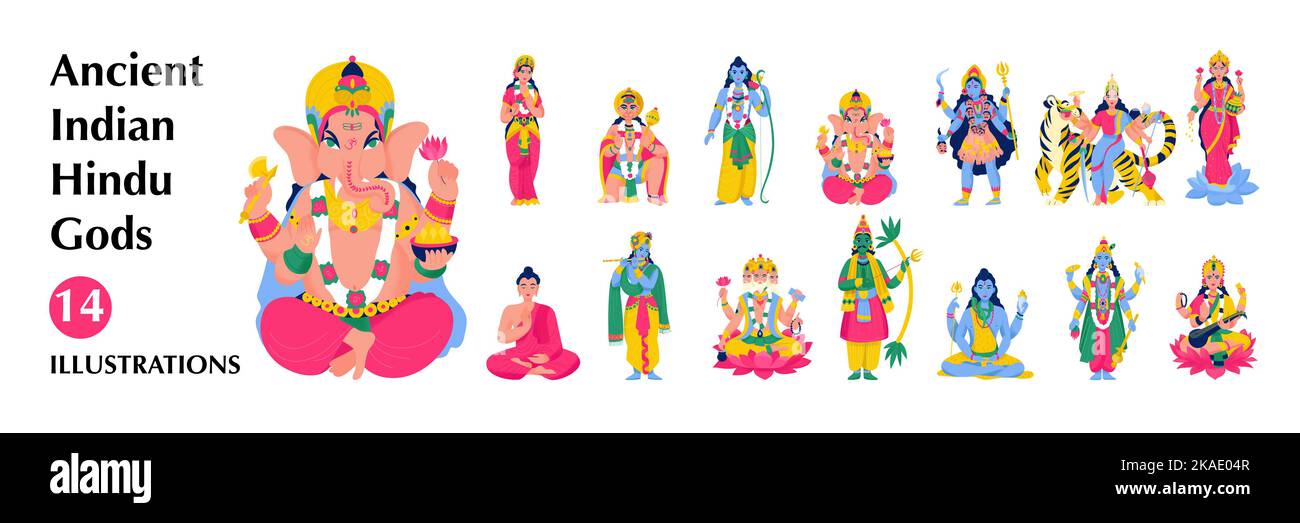 Isolierte alte indische hindu-Götter große Ikone mit shiva brahma ganesha budha und mehreren anderen Göttern Vektor-Illustration gesetzt Stock Vektor