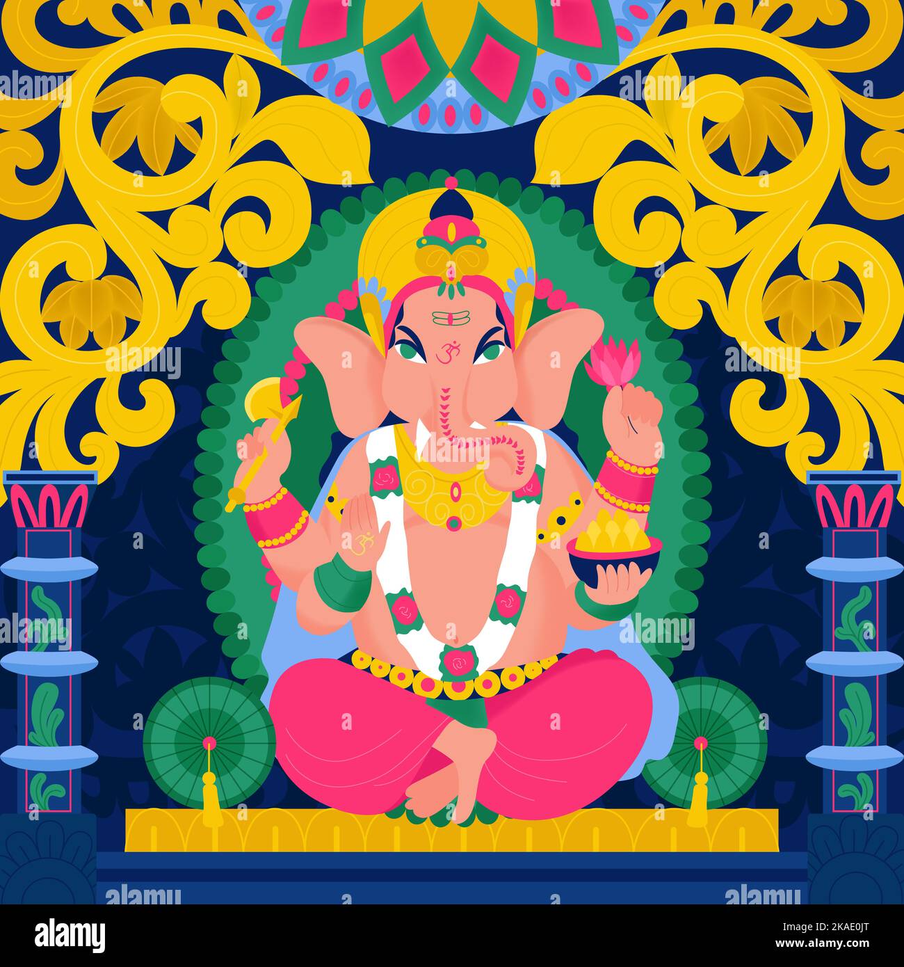 Alte indische hindu-gott ganesha Komposition mit Mustern Säulen reiche Kostüme und Innenräume Vektor-Illustration Stock Vektor