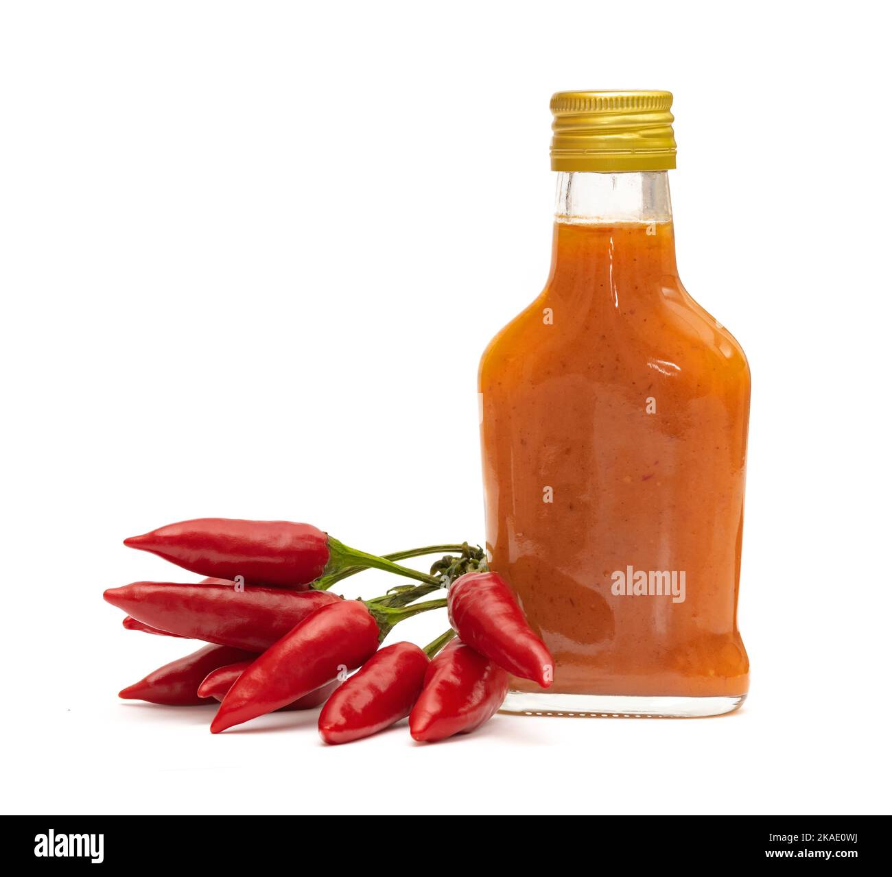 Flasche mit hausgemachter Chili-Peperesauce und frischen Tabasco-Paprika auf weißem Hintergrund Stockfoto