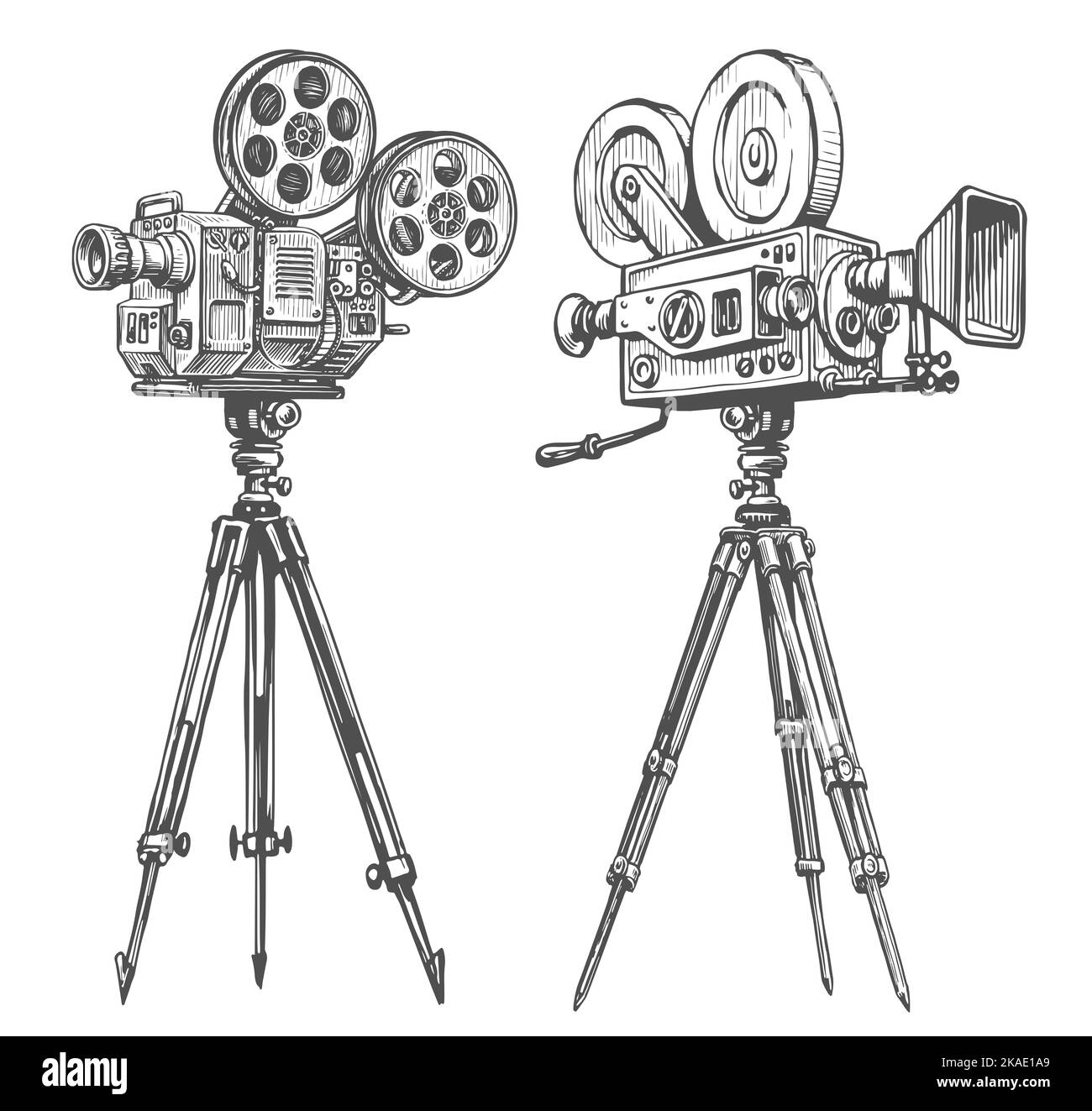 Vintage-Videoprojektor. Retro-Filmkamera auf Stativ isoliert auf weißem Hintergrund. Kino, Skizzendarstellung des Films Stockfoto