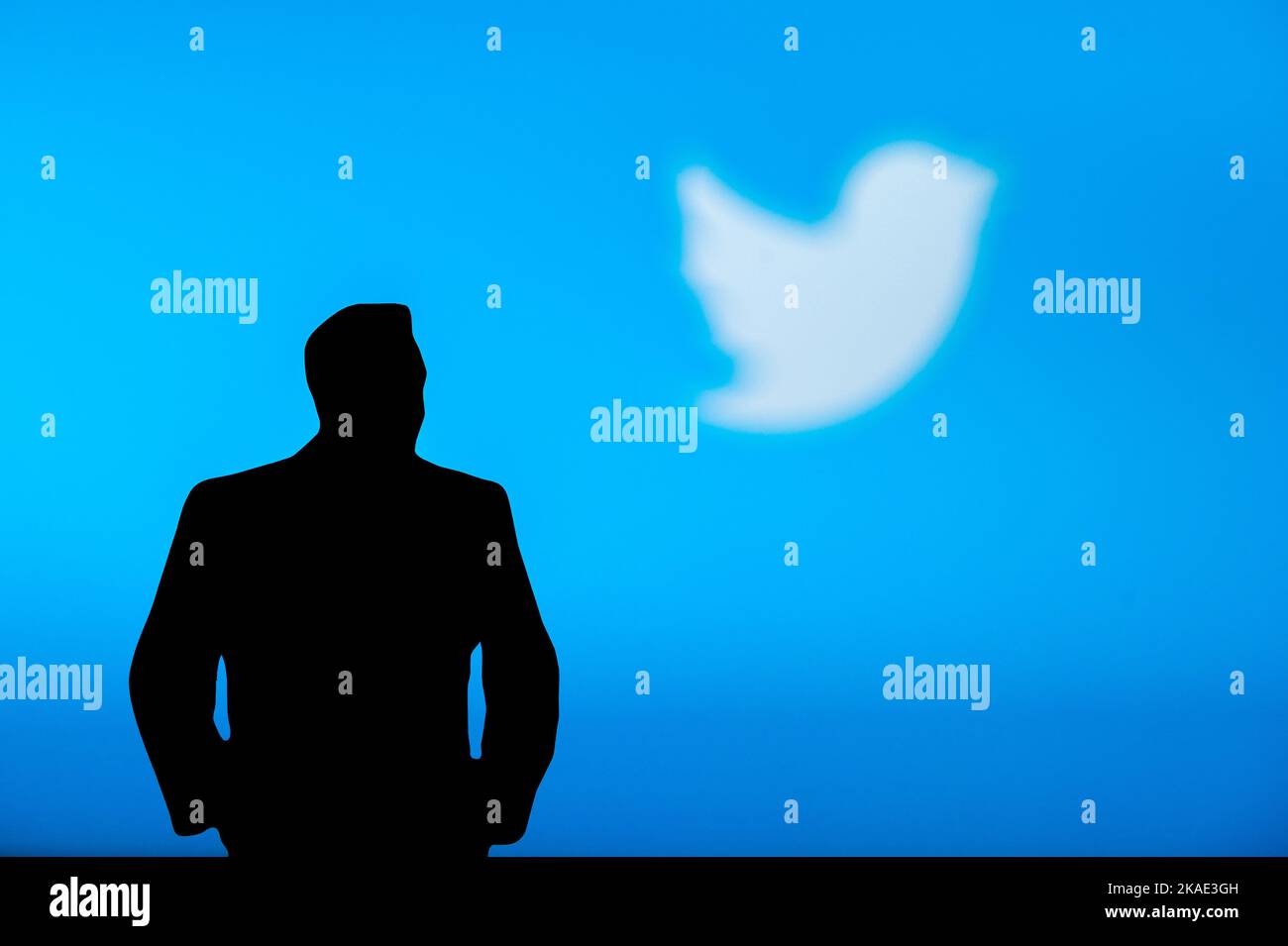 NEW YORK, USA, 2. OKTOBER 2022: Silhouette von Elon Musk vor blauem Banner mit Twitter-Logo im Hintergrund. Stockfoto