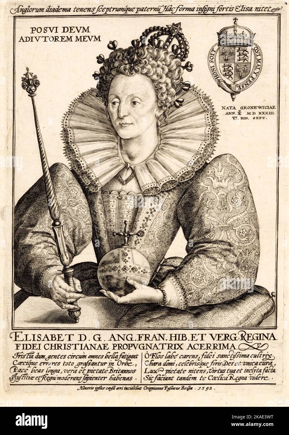 Queen Elizabeth I 1592 von Crispijn de Passe the Elder Stockfoto