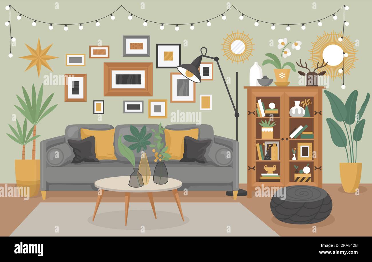 Wohnzimmer Inneneinrichtung Komposition mit Innenansicht der modernen Wohnung mit Wandmalereien und Topfpflanzen Vektor-Illustration Stock Vektor
