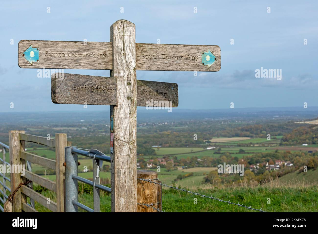 Wegweiser, South Downs Way in der Nähe des Devil´s Dyke, West Sussex, England, Großbritannien Stockfoto