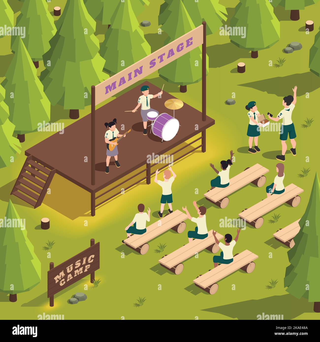 Musikkonzert im Sommerlager im Wald mit Kindern, die Gitarre und Schlagzeug spielen, auf der Bühne Mädchen, die Cookies verteilen 3D isometrische Vektor-Illustration Stock Vektor