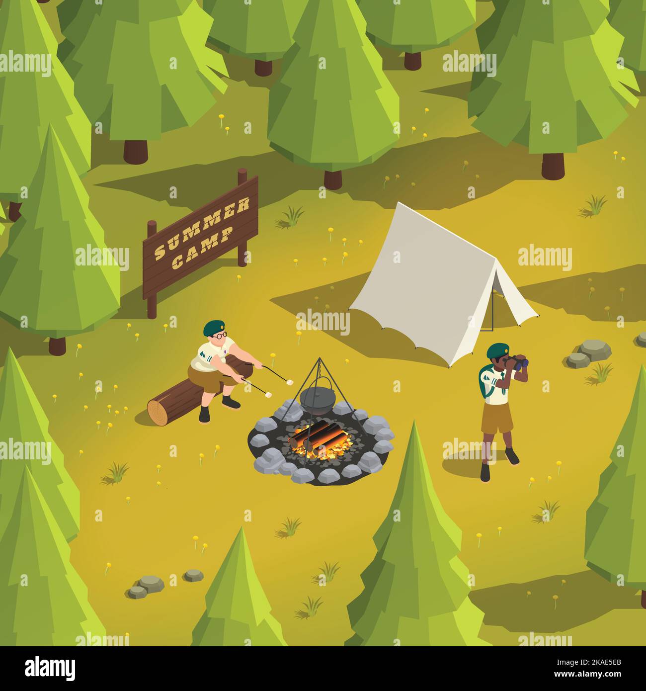 Jungen Scouts Kochen marsmalow auf Feuer und die Betrachtung durch Ferngläser im Sommerlager im Wald 3D isometrische Vektor-Illustration Stock Vektor