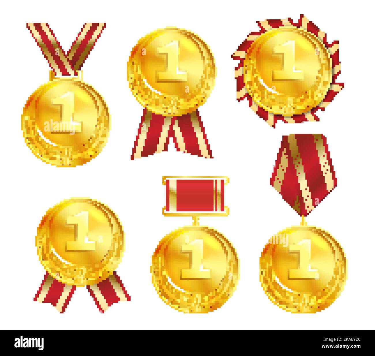 Goldene Nummer eins-Medaillen mit roten Bändern Abzeichen und Rosette realistische set isoliert Vektor-Illustration Stock Vektor