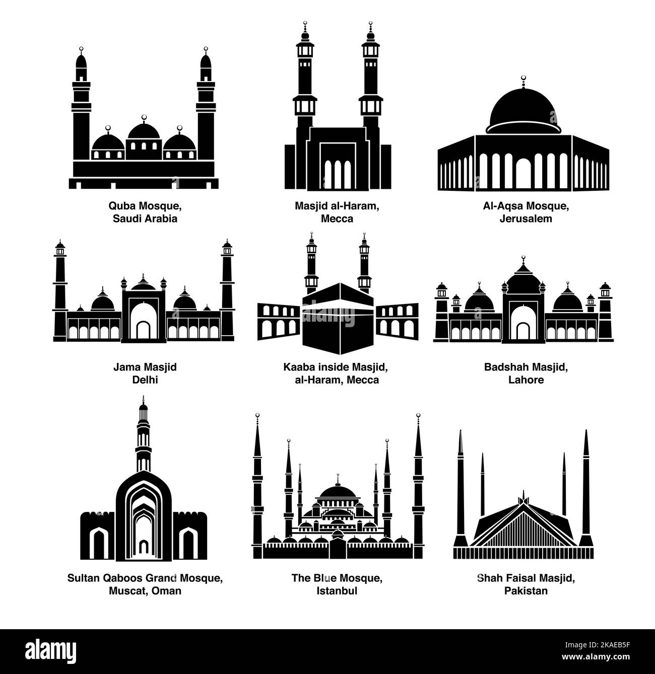 Alle Moschee-Vektorsymbole. Einfacher Illustrationssatz mit 9 Moschee-Elementen. Bearbeitbare Symbole. Masjid-Vektoren für UI- und Webdesign. Wunderschöne Moscheen. Stock Vektor