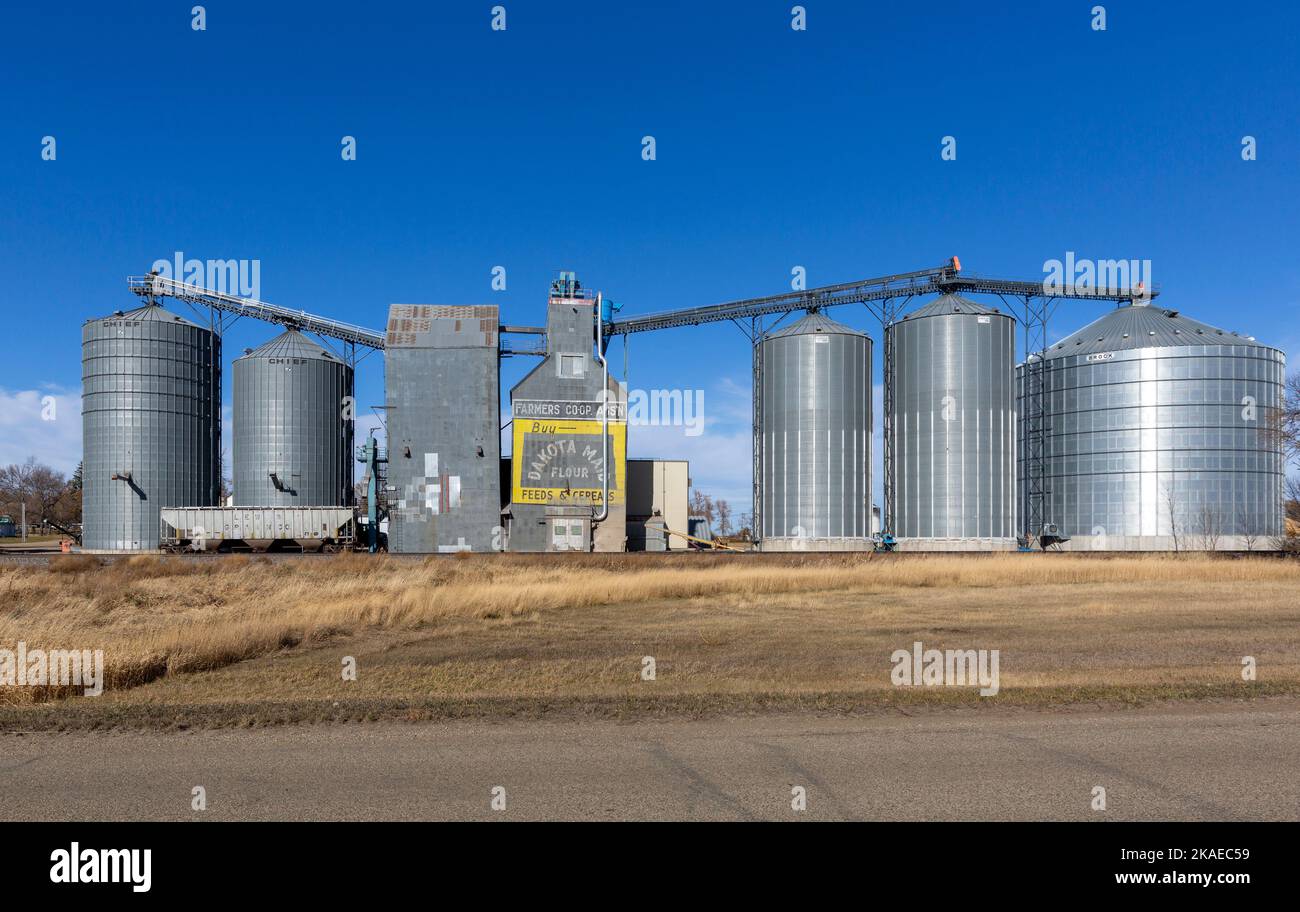 Metallkörnbehälter und ein alter Getreideaufzug mit einer verblassten „Buy Dakota Maid Flour“-Werbung in Cleveland, North Dakota Stockfoto