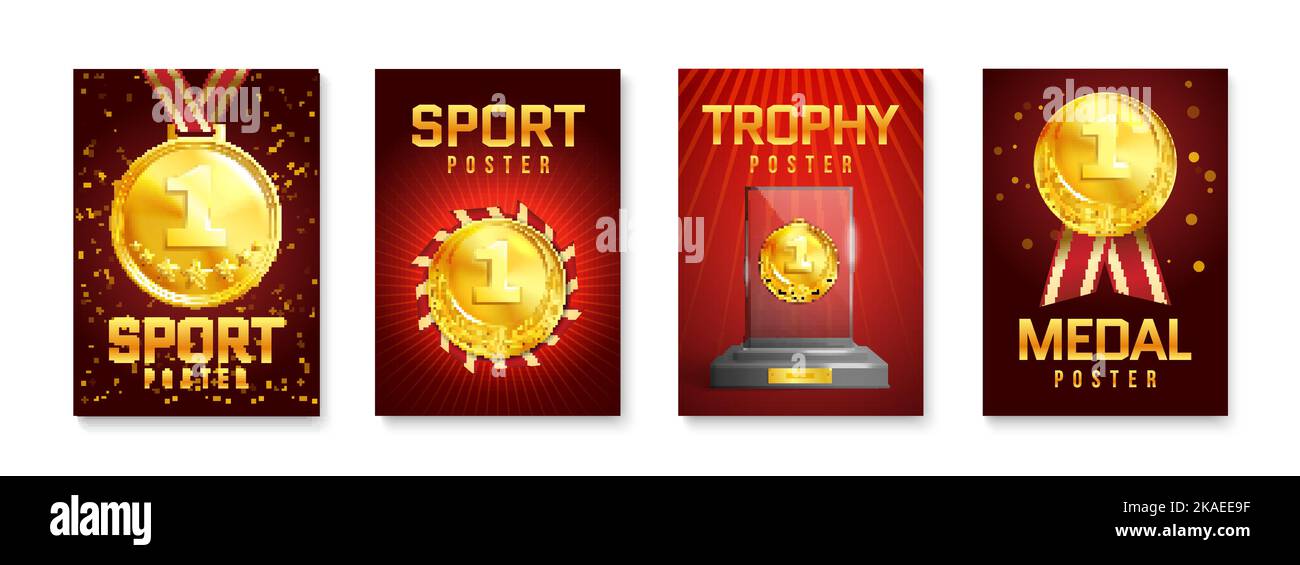 Sport Trophäe Werbeplakat mit Medaillen roten Bändern Glas Auszeichnung auf Sockel isoliert Vektor-Illustration gesetzt Stock Vektor