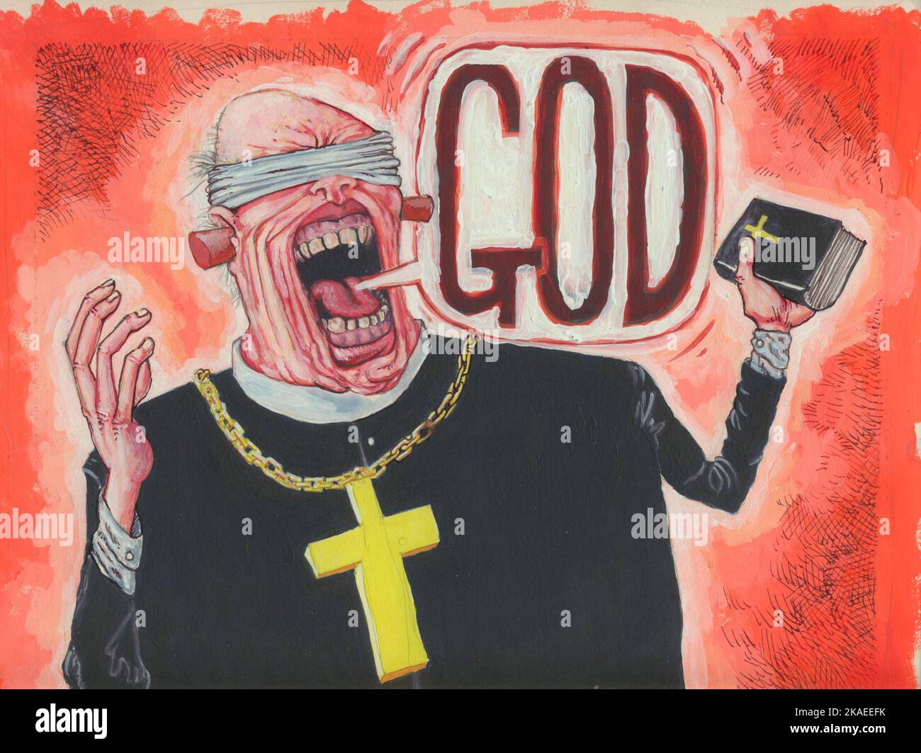 Satirischer Zeichentrickfilm, Priester mit verbundenen Augen, Ohrenstöpsel tragen, eine Bibel halten, „Gott“ rufen, Blinder Glaube illustrieren, besonders wenn er dogmatisch verwendet wird. Stockfoto