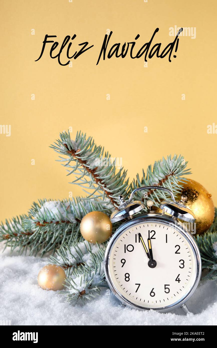 Alter Vintage Wecker mit Tannenzweigen, goldenen Schmuckstücken und Zapfen. Frohe Weihnachten meand Frohe Weihnachten in deutscher Sprache. Zeit zehn bis Mitternacht Stockfoto