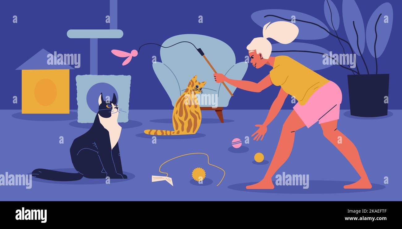 Katzen Liebhaber mit Spiel und Pflege Symbole flache Vektor-Illustration Stock Vektor