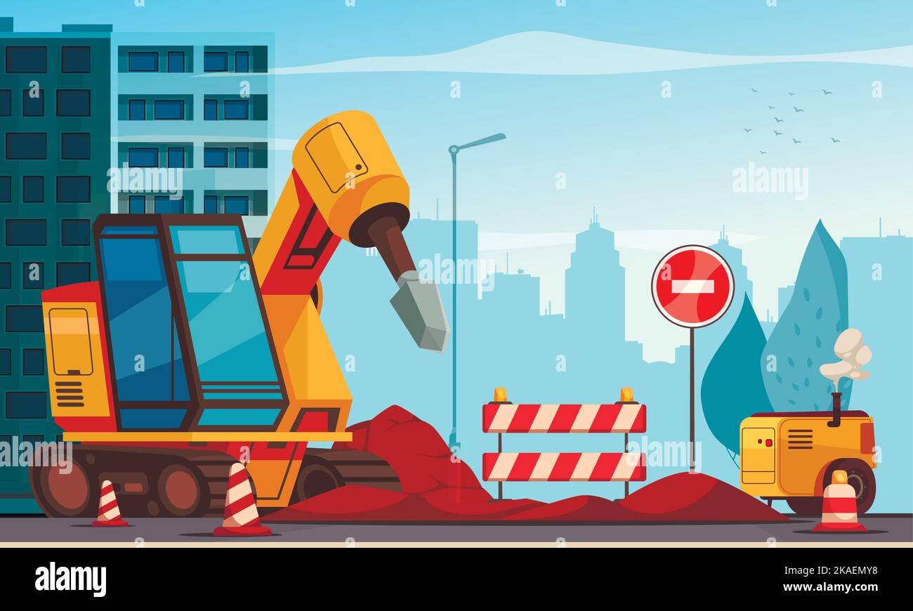 Straßenreparatur städtischen Hintergrund mit modernen speziellen Maschinen auf blockierten Fahrbahn Cartoon-Vektor-Illustration Stock Vektor
