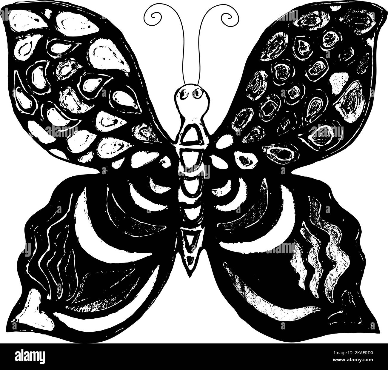 Stilisierter Schmetterling mit offenen Flügeln auf buntem Hintergrund. Stockfoto