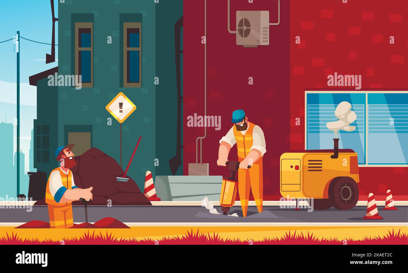 Straße Reparatur Cartoon Hintergrund mit zwei Männern in Uniform arbeiten mit Wartungsgeräten flache Vektor-Illustration Stock Vektor