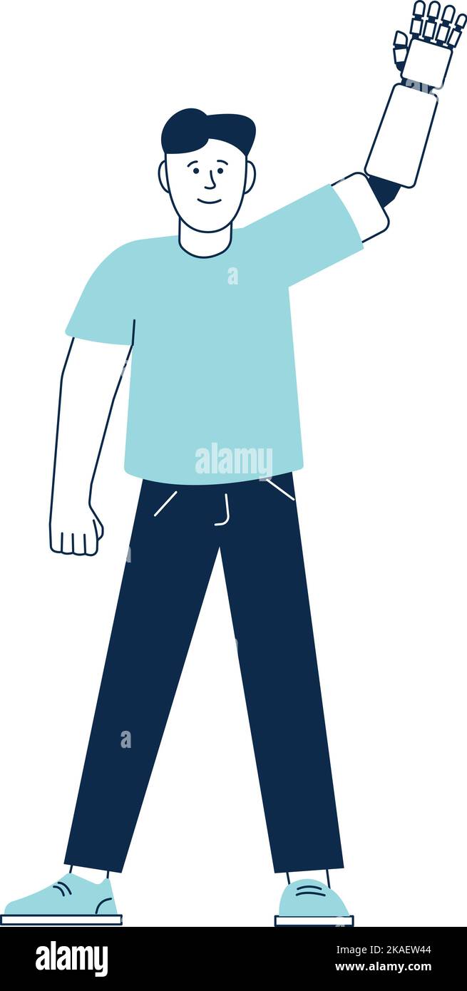Mann winkt prothetische Hand. Lächelnde Person mit amputierten Arm Stock Vektor