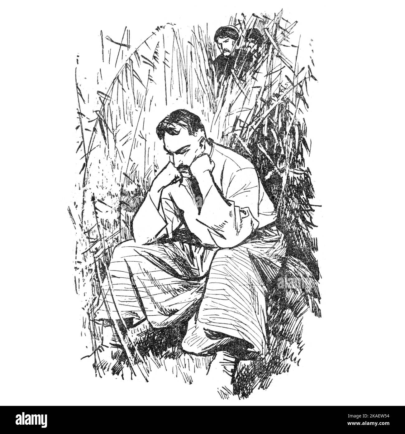 Illustration aus dem Buch Bohdan Khmelnytskyi, M. Starytskyi. UM 1646: Bohdan Khmelnyzky in der Nähe der Insel Zhabovni am Ufer des Dneprs. Lang m Stockfoto