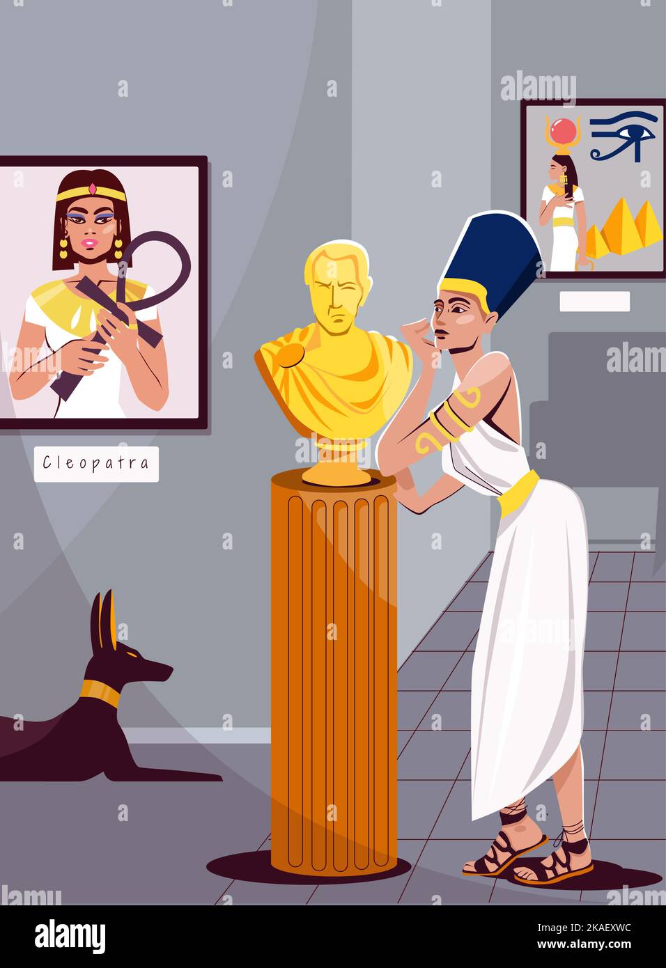 Cleopatra flacher Hintergrund, der das Innere des Museums mit Bildern und Skulptur-Vektor-Illustration darstellt Stock Vektor