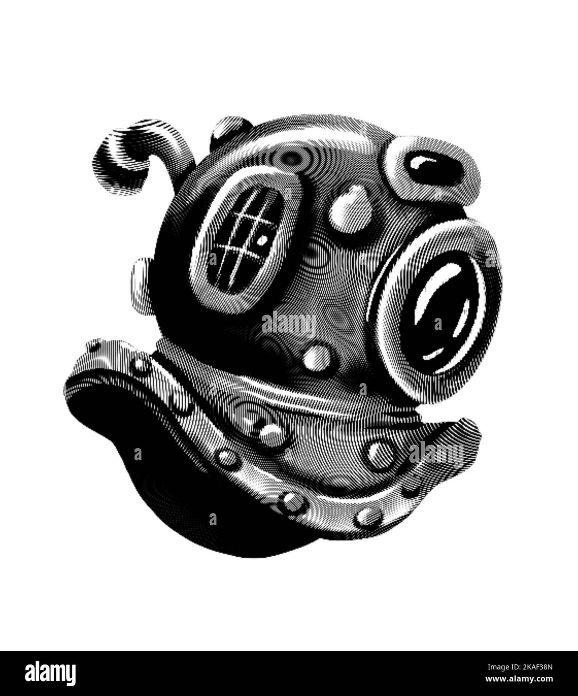 Gravur eines Unterwasserhelms. Realistische Darstellung eines Seehelms. Schwarz-Weiß-Zeichnung Stockfoto