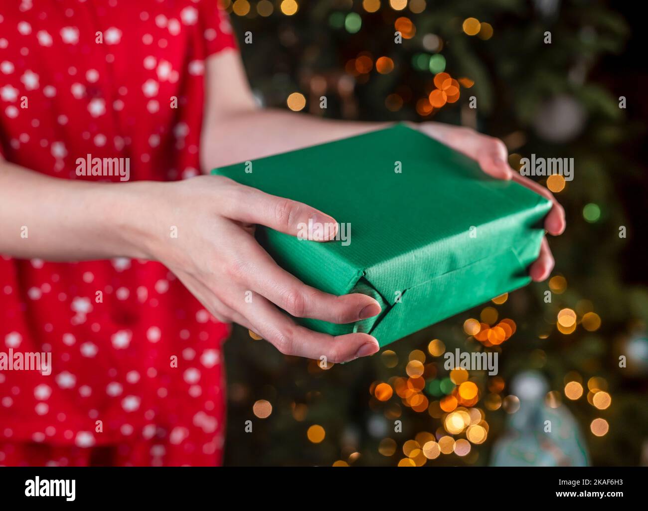 Hände präsentieren Weihnachtsgeschenkbox in grünem Geschenkpapier verpackt, Öko-Pack. Hochwertige Fotos Stockfoto