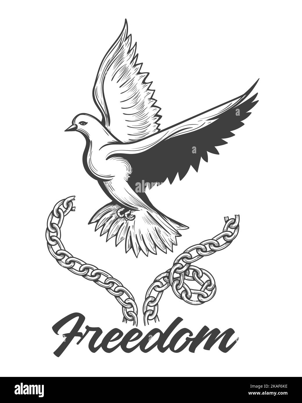 Tattoo of Flying Dove with Broken Chains Tattoo und Aufschrift Freiheit. Vektorilustration auf weißem Hintergrund isoliert. Stock Vektor