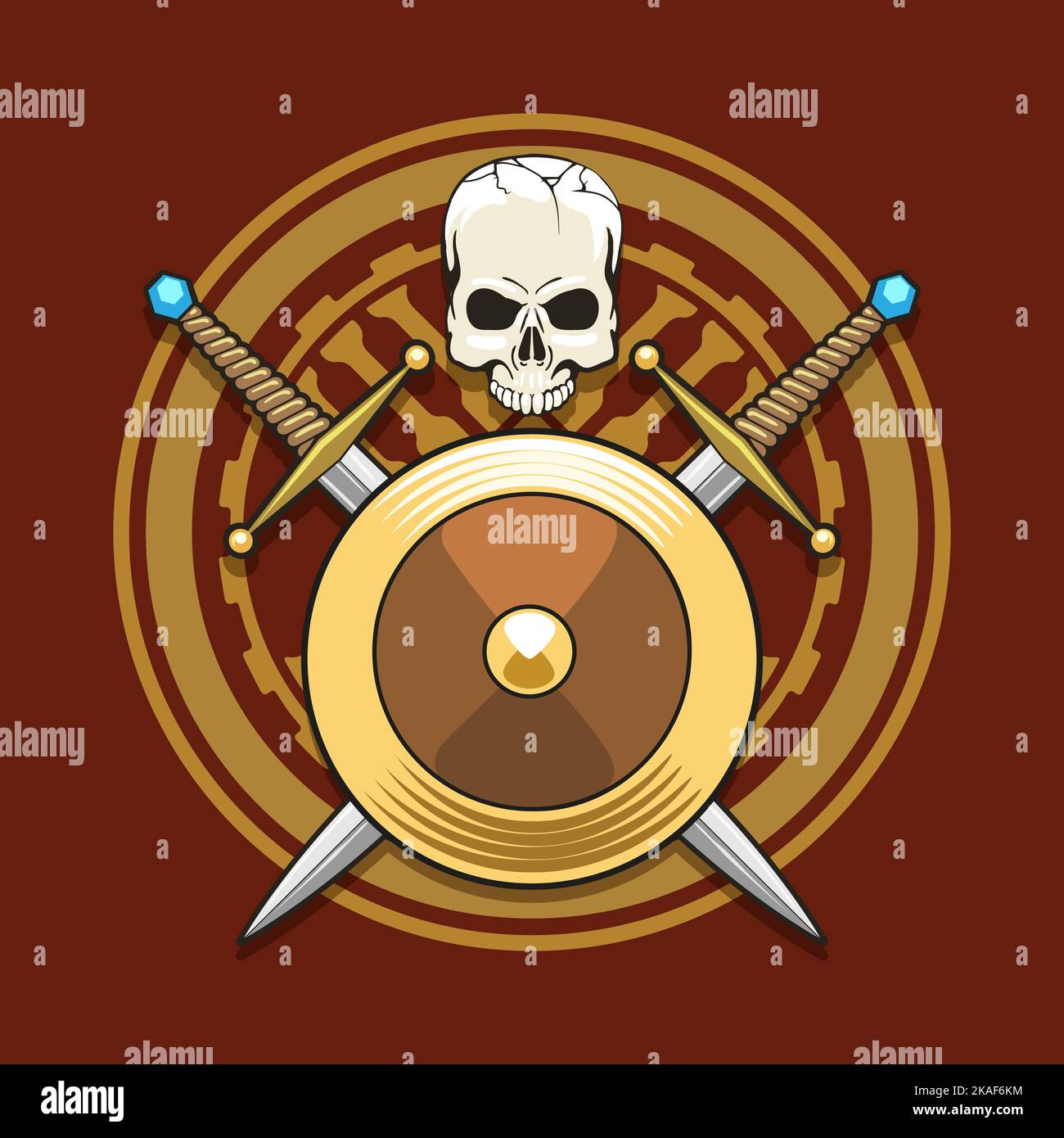 Nomad Ruhmesmantel mit Totenkopf, zwei Schwertern, Schild und tengrian-Symbol. Vektorgrafik. Stock Vektor