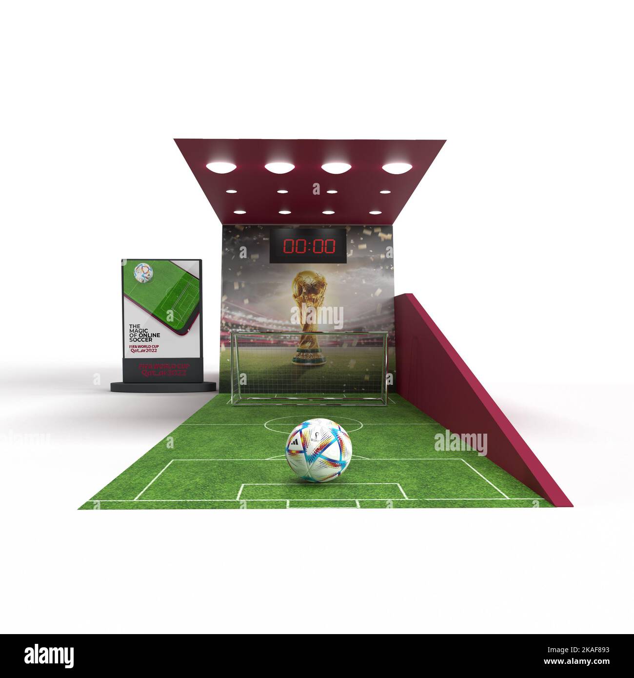 fifa Fußball-Weltmeisterschaft 2022 katar. Mall Activity Football Kiosk 3D Rendering Illustration. Stockfoto