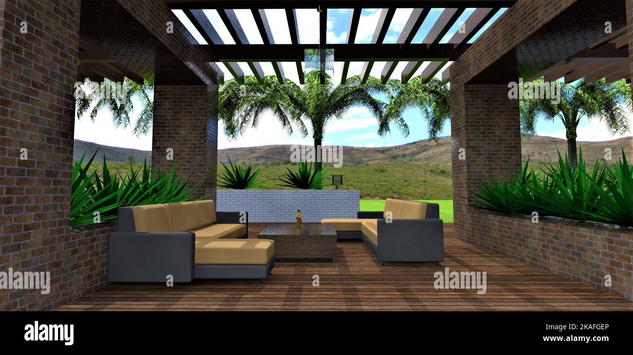 Gemütliches Ambiente auf einer schattigen Terrasse. Bequeme Sofas und Tisch. Es gibt viele lebende Pflanzen in der Umgebung. Terrassendielen. 3D Rendern. Stockfoto