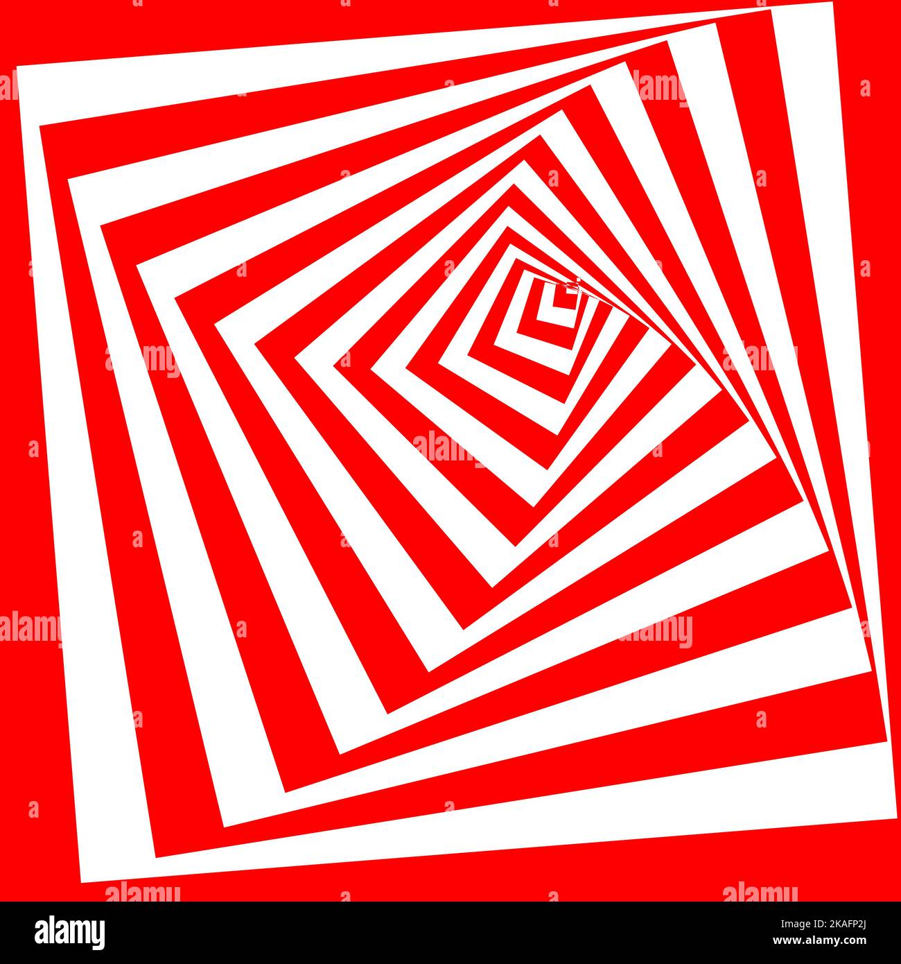 Abstrakter, verdrehter roter und weißer Hintergrund. Optische Täuschung der verzerrten Oberfläche. Verdrehte Streifen. Stilisierter 3D-Tunnel. Stock Vektor