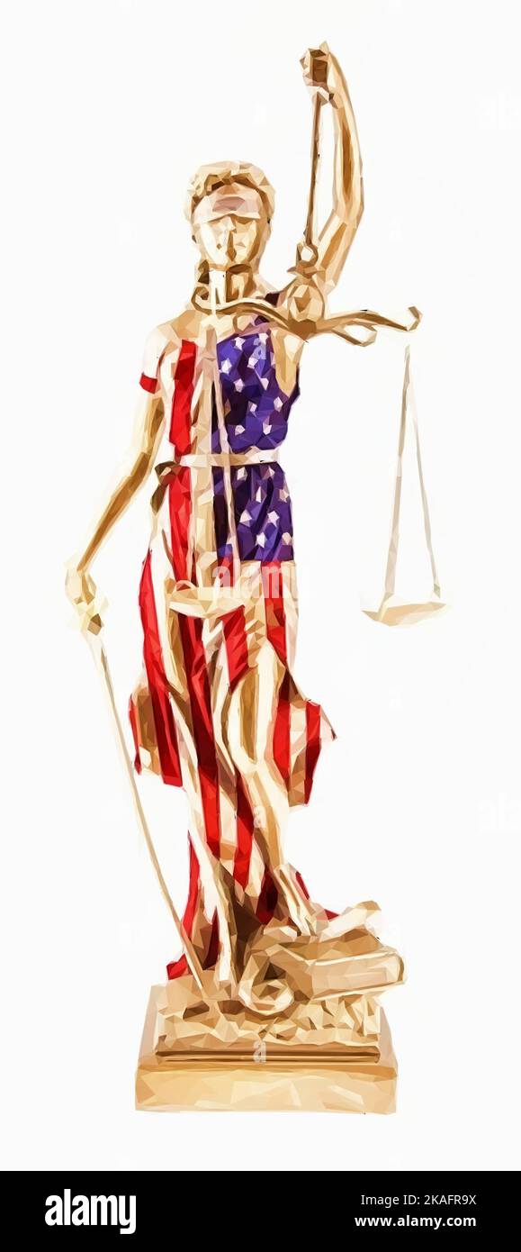 Lady Justice Statue in einem Kleid aus der USA Flagge. Weißer Hintergrund. Vektor im Low-Poly-Stil. Stock Vektor
