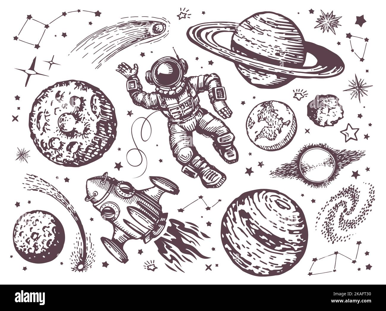 Raum mit Planeten, Kometen, Sternbildern, Sternen, Raumschiff und Astronaut. Astronomie, Nachthimmel Konzept Skizze vintage Stockfoto