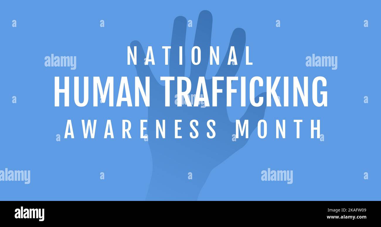 Illustration des Textes für den National Human Trafficking Awareness Month und Übergabe auf blauem Hintergrund Stockfoto