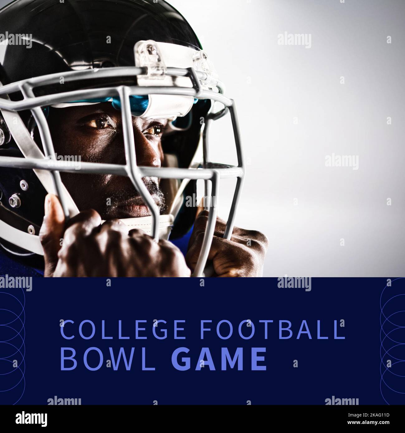 Komposition von College Football Bowl Game Text und birassischer männlicher Spieler Stockfoto
