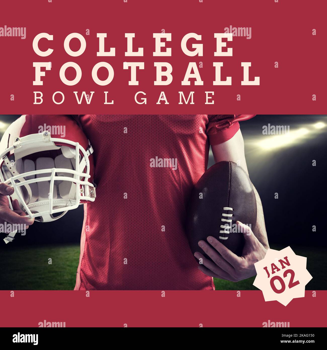 Zusammensetzung des College-Football-Bowl-Spieltextes und des Kaukasischen männlichen Spielers, der den Ball hält Stockfoto