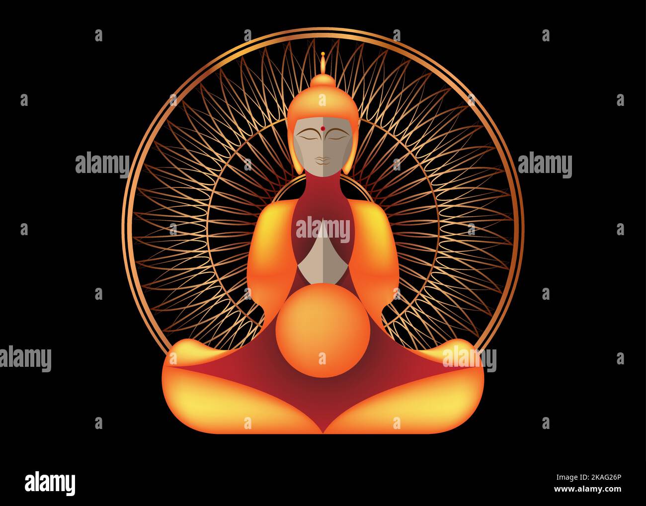 Sitzender Buddha über goldenem Mandala. Esoterische Vektorgrafik. Vintage dekorative Kultur Hintergrund. Moderne stilisierte Zeichnung. Indisch, Buddhismus Stock Vektor