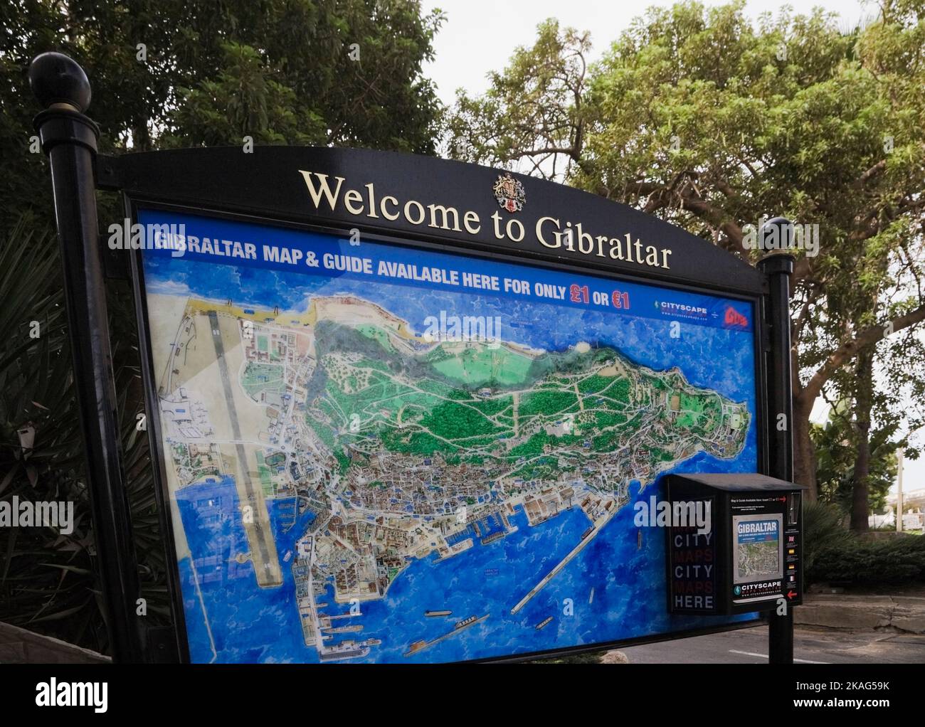 Willkommen in Gibraltar Karte und Touristeninformation Schild, Gibraltar. Stockfoto