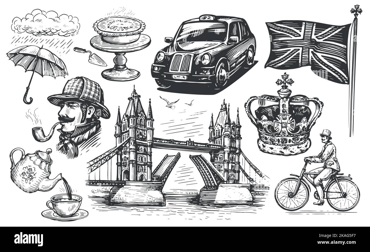 Vektorgrafik London. Handgezeichnete Skizze England Set. Elemente der Kollektion Großbritannien im Vintage-Gravurstil Stock Vektor
