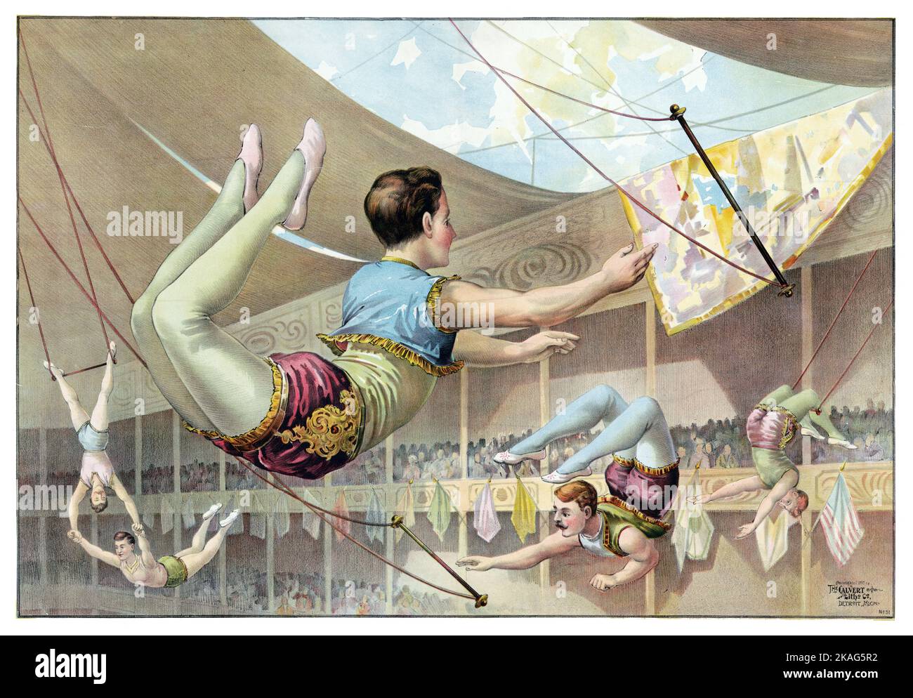 Antikes Zirkusposter - fünf männliche Akrobaten, die in einem Zirkus auftreten - Aerialisten - Zirkuskünstler c 1890 Stockfoto