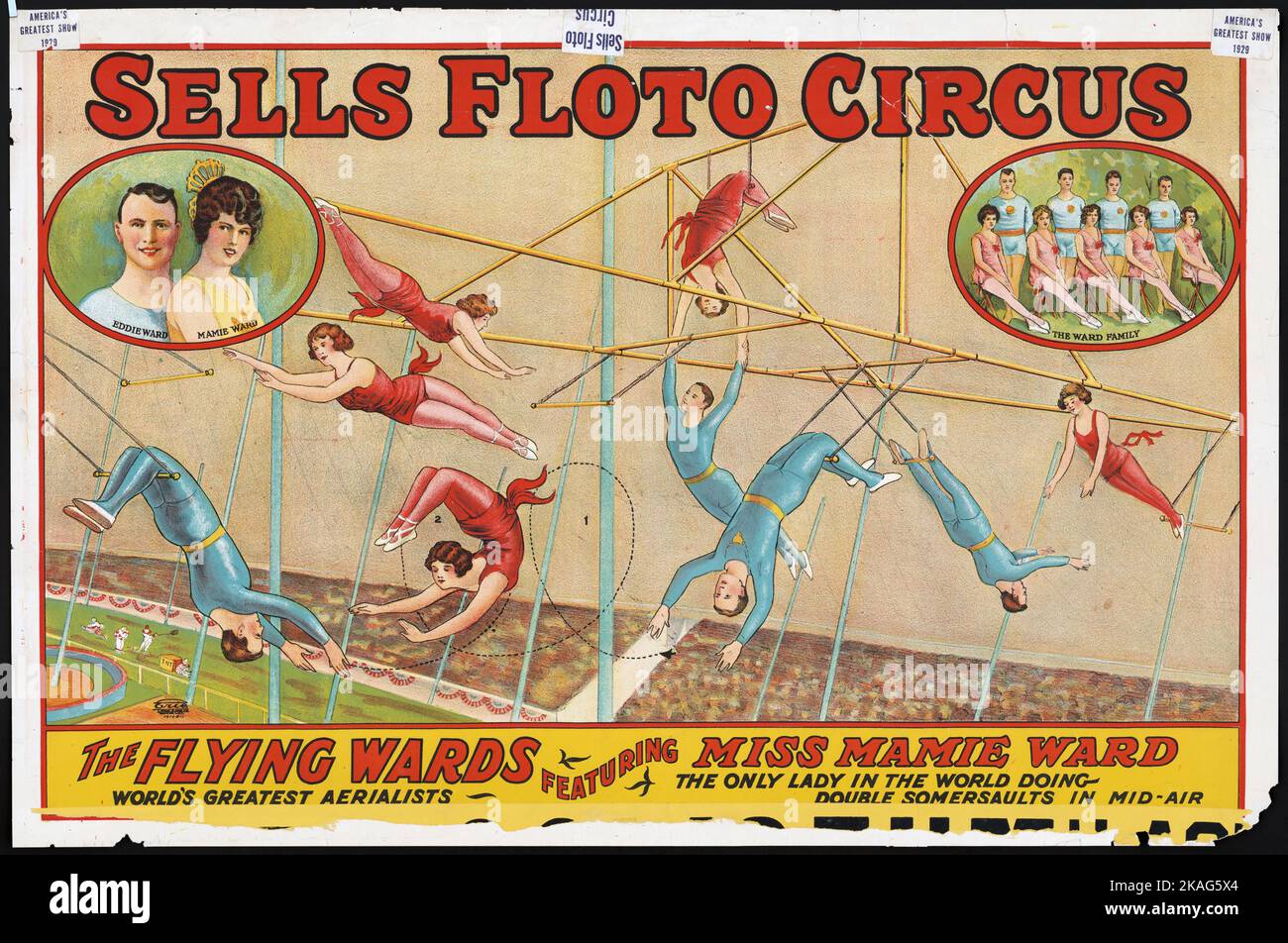Verkauft Floto Zirkus The Flying Wards mit Miss Mamie ward - Zirkus-Poster, auf dem neun Aerialisten 1929 aufführen Stockfoto