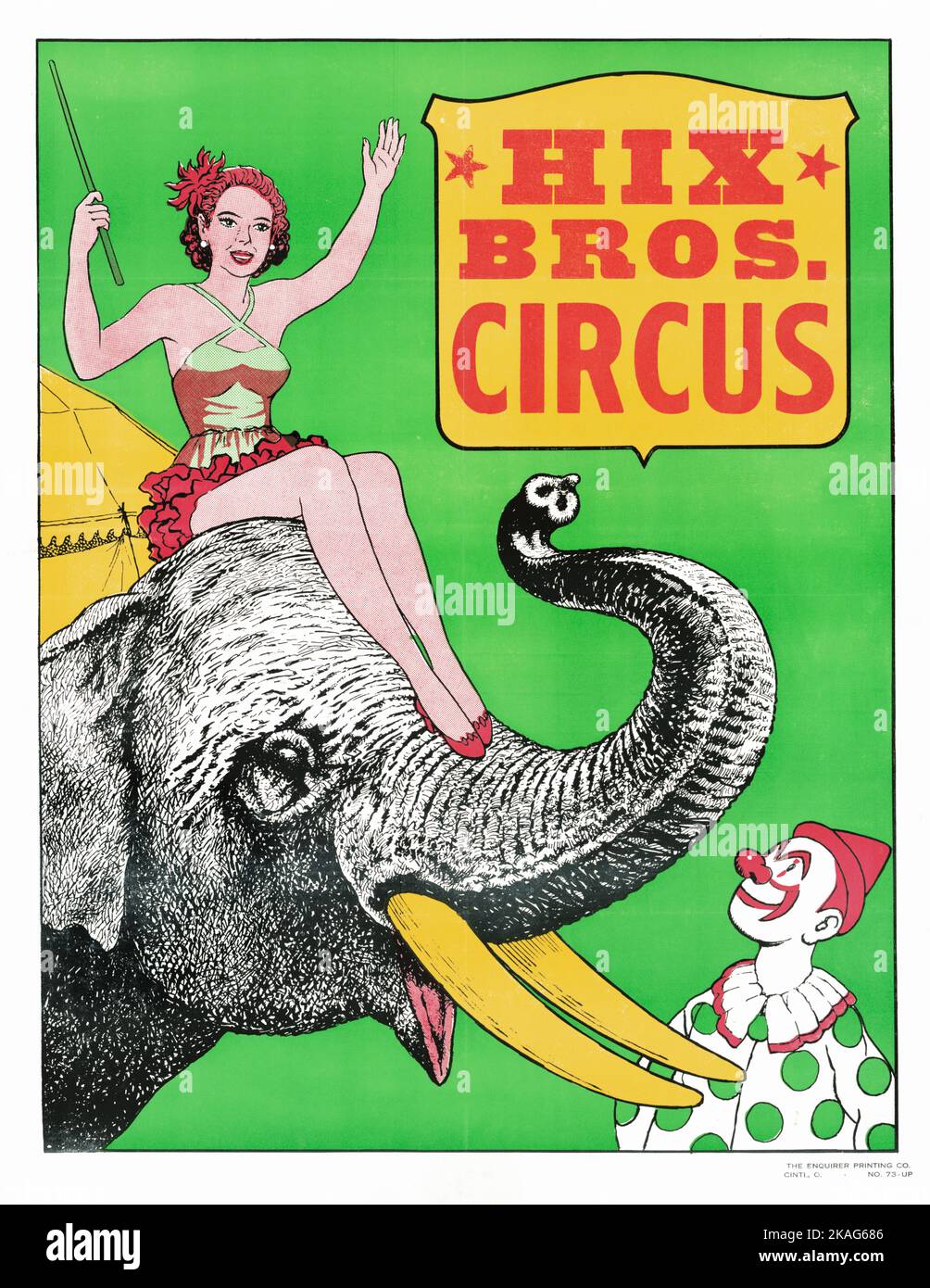 HIX Bros. Circus - Zirkusposter mit Frauen auf Elefanten reiten und einem Clown - 1970 Stockfoto