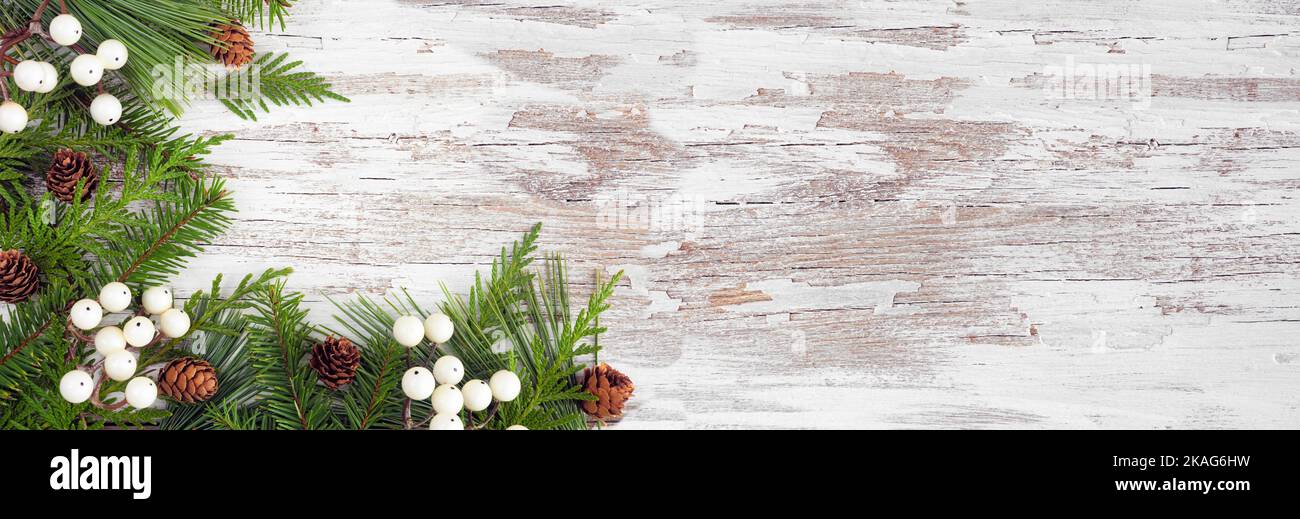 Winter Eckrand mit immergrünen Ästen, weißen Beeren und Pinienzapfen. Draufsicht auf einem rustikalen weißen Holzbanner-Hintergrund mit Kopierfläche. Stockfoto